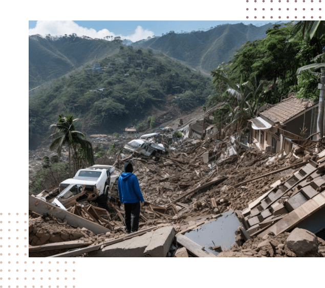 Landslide damaging cars and houses